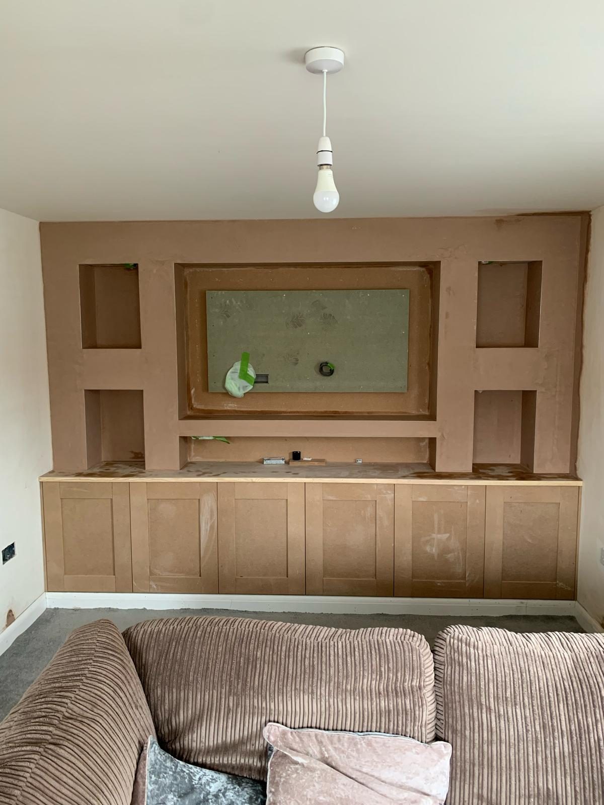 Bespoke media wall with plastered alcoves — Oakleigh Plastering